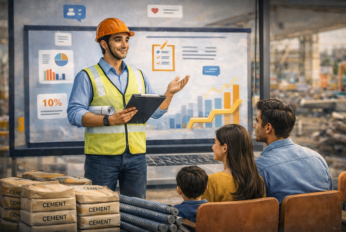 Expert teaching family about construction